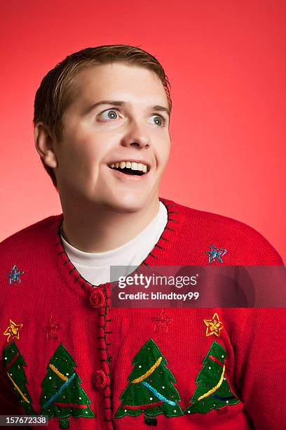 weird christmas sweater man - ugliness stockfoto's en -beelden