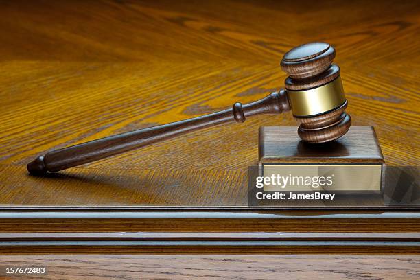 gavel and block on judge's bench - desk plaque stock pictures, royalty-free photos & images