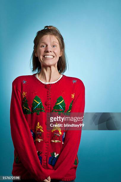 super excited sweater girl - ugliness stock pictures, royalty-free photos & images
