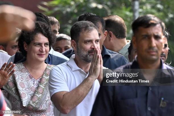 New Delhi, India - Aug. 4, 2023: Congress leader Rahul Gandhi with his sister and party leader Priyanka Gandhi at AICC headquarters after the Supreme...