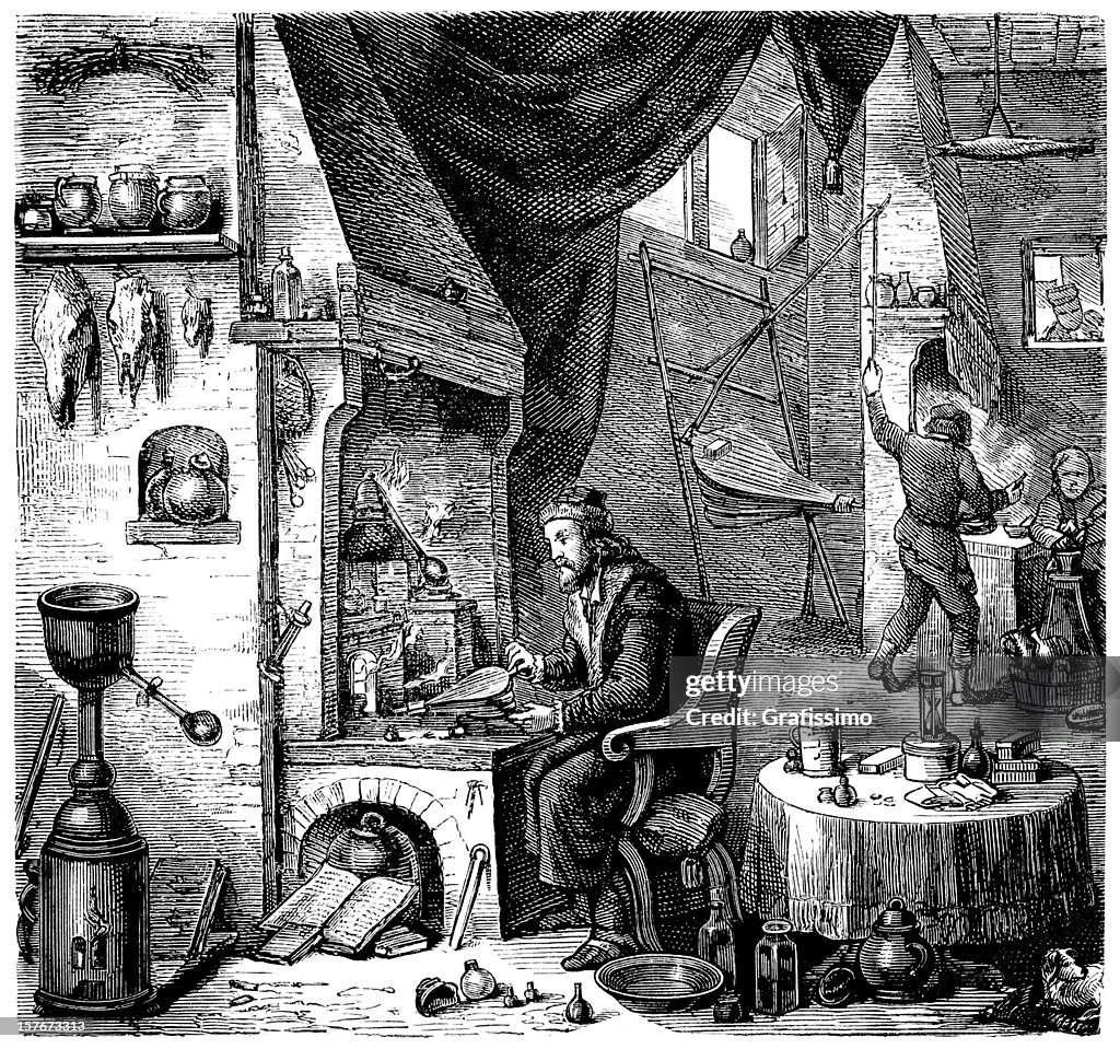 Engraving Alchemist Investigating In Laboratory From 1870 High-Res ...