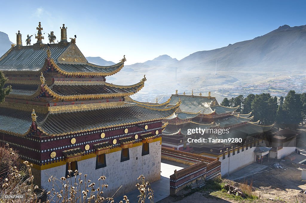 Lama temple in Beijing, China on a misty morning