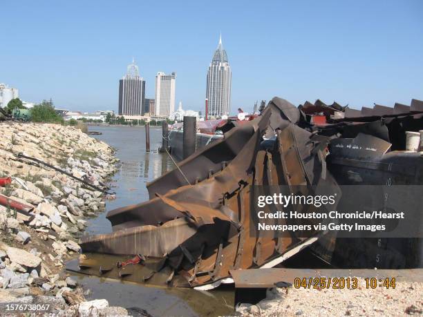 Supplied photos of the damage from the Oil Recovery Company barge explosion which left seasoned gasoline barge cleaner, George Erickson, disfigured...