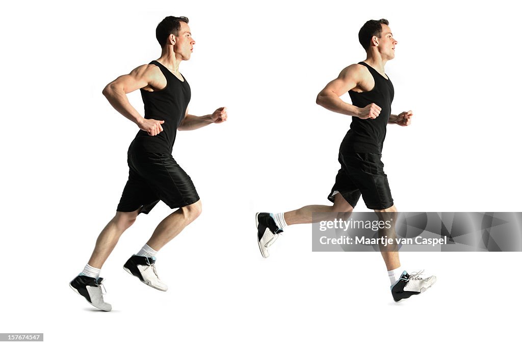 Two images of same man at different stages of running stride
