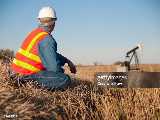 oil worker in safety gear at well pumpjack - alberta oil stock pictures, royalty-free photos & images