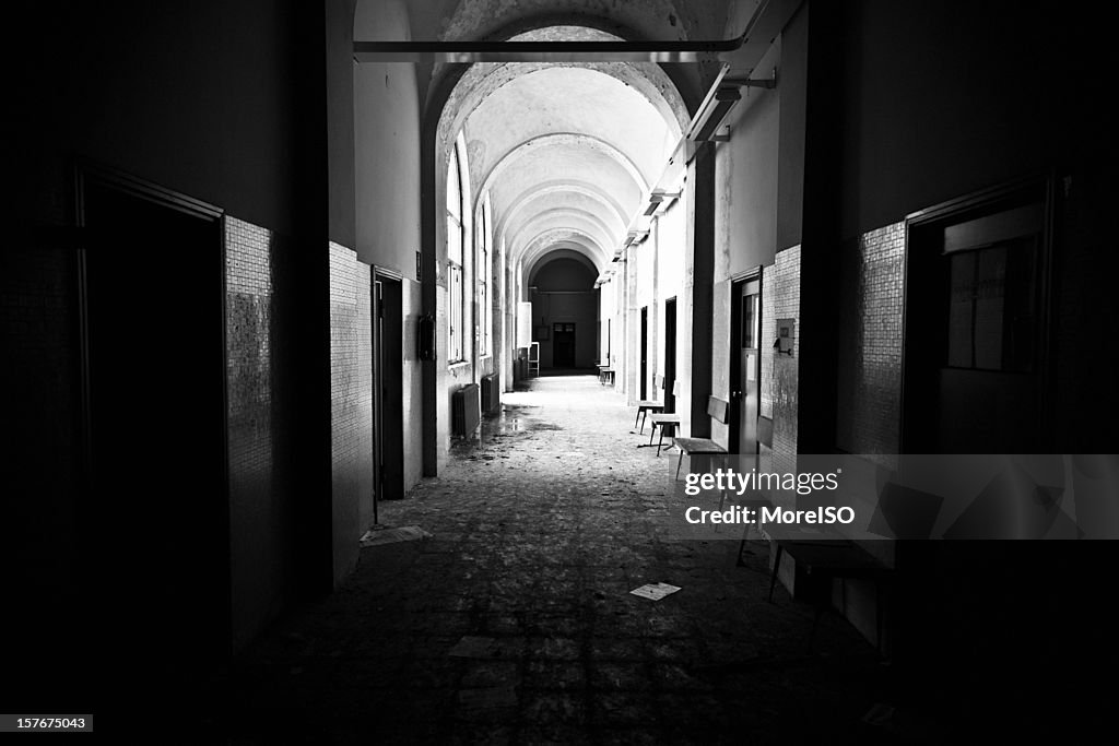 Abandoned Hospital Corridor Architecture Black And White Urban Exploration