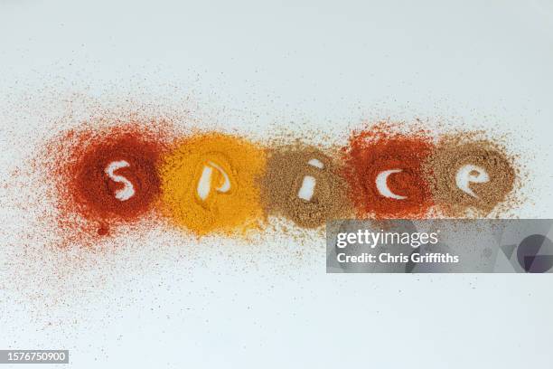 spice spelled out in various spices including chilli powder, cayenne pepper, turmeric, cumin and ground coriander - paprika gewürz stock-fotos und bilder