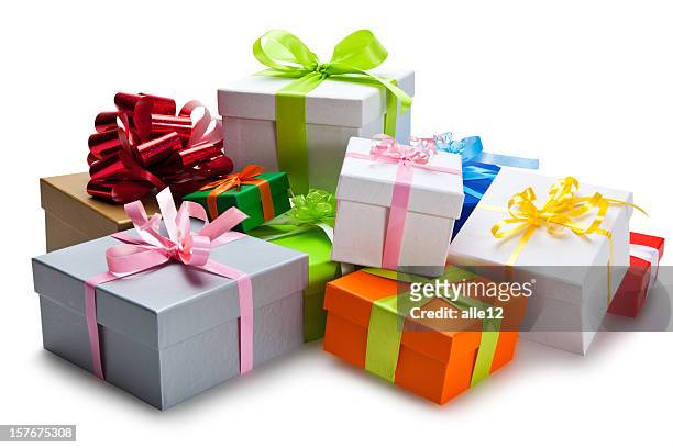 bunch of colorful gifts stacked on each other - pile of gifts stock pictures, royalty-free photos & images