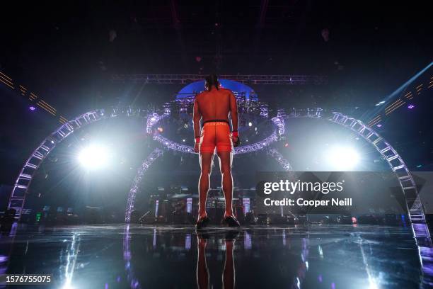 Billy Elekana walks to the cage before fighting Chuck Campbell during PFL 2023 week 7 at Boeing Center at Tech Port on August 4, 2023 in San Antonio,...