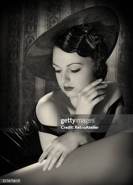 beauty with hat in film noir style. - femme fatale stock pictures, royalty-free photos & images