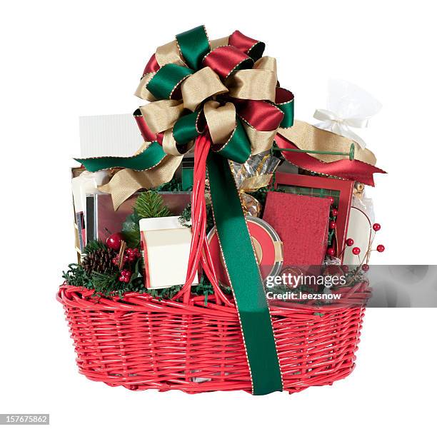 christmas holiday gift basket in red, green, and gold - hamper stockfoto's en -beelden