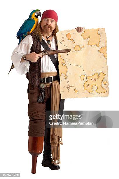 pirate with treasure map, isolated on white. - pirate stock pictures, royalty-free photos & images