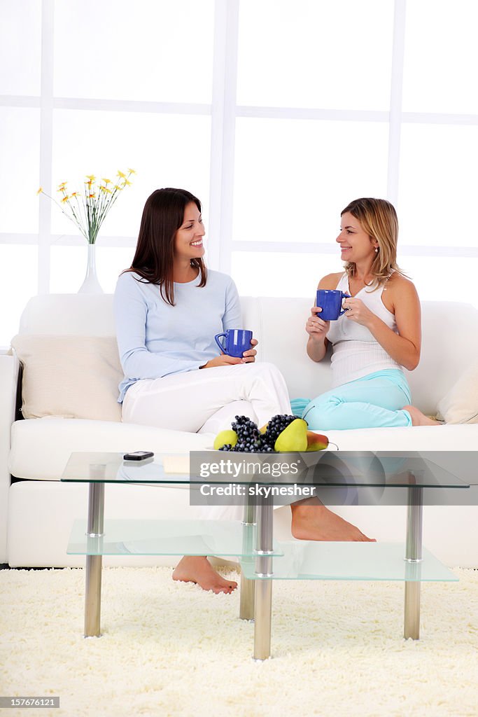 Two women in living room talking and drinking coffee