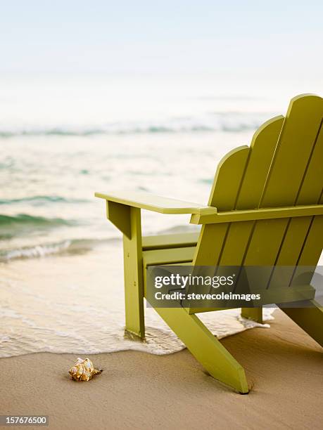 silla adirondack en la playa - caracola concha de mar fotografías e imágenes de stock