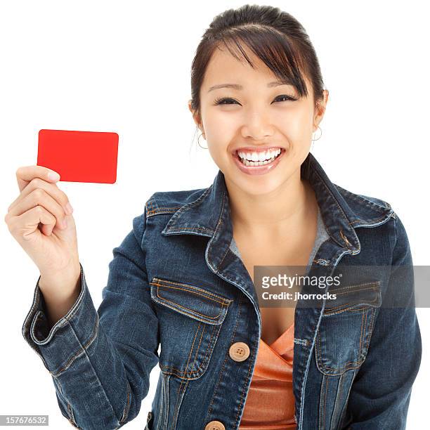 enthusiastic young asian woman with blank gift card - beautiful filipino women stock pictures, royalty-free photos & images