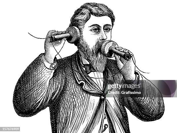 bildbanksillustrationer, clip art samt tecknat material och ikoner med engraving alexander graham bell making a call on antique telephone - telegraf