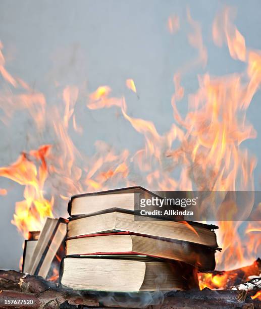 pila de libros ablaze corto - book burning fotografías e imágenes de stock