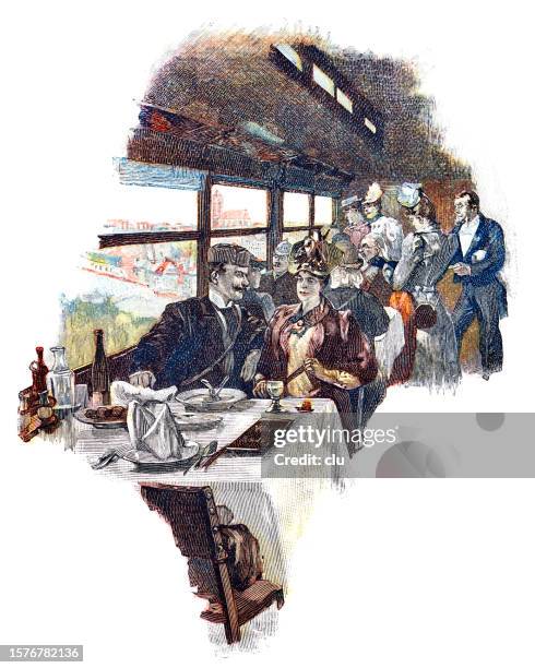 stockillustraties, clipart, cartoons en iconen met traveling from berlin to copenhagen: couple in the dinner room of the railway - copenhagen