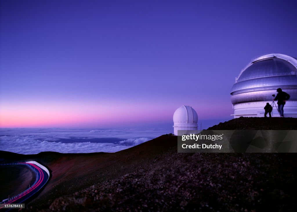 Mauna Kea observatories at dusk, Hawaii.