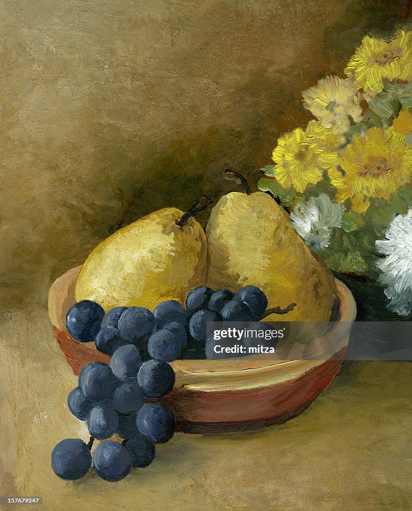 Oil painted fruit and flowers