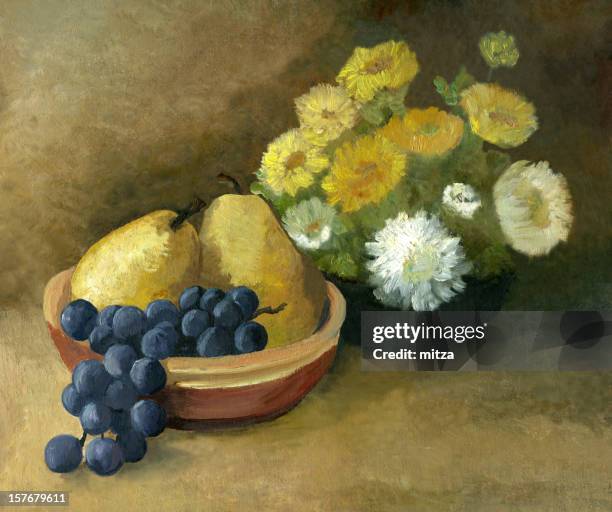 stockillustraties, clipart, cartoons en iconen met oil painted still life with fruit and flowers - stilleven