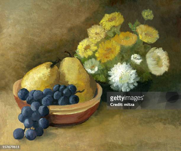 oil painted still life with fruit and flowers - still life 幅插畫檔、美工圖案、卡通及圖標
