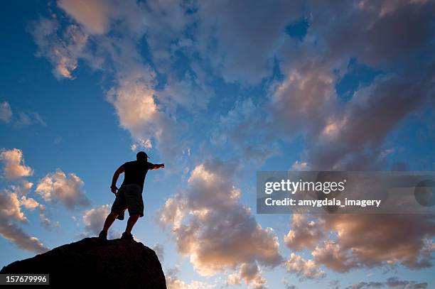 leadership: sunset sky silhouette of man pointing the way - aiming higher stock pictures, royalty-free photos & images