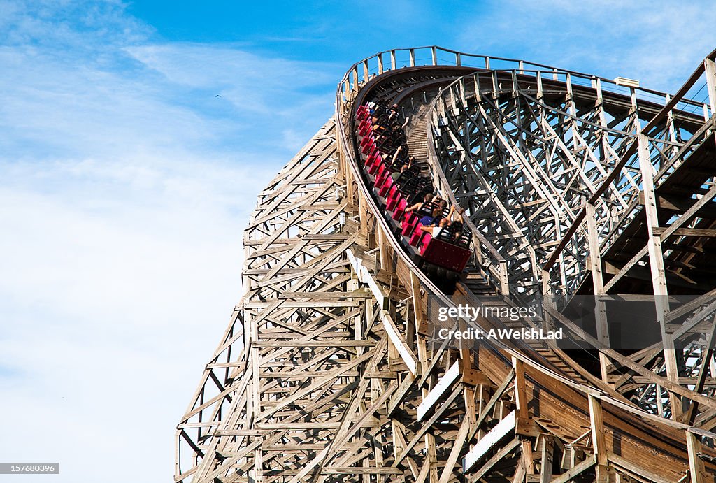 Classic roller coaster with people at Cedar Point, Sandusky, Ohio