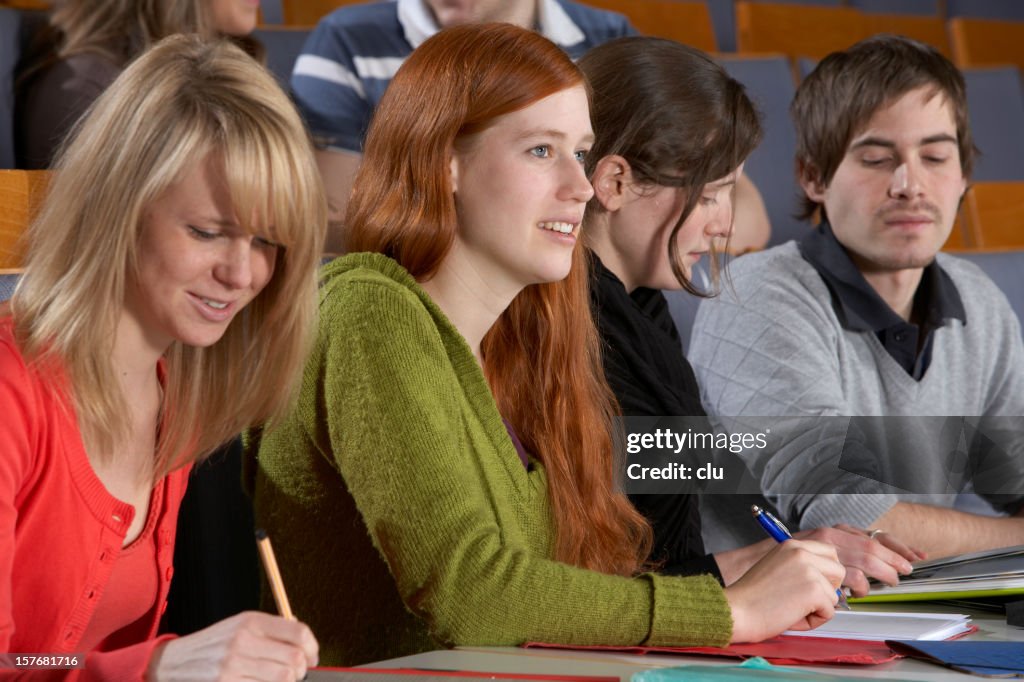 Young mixed students working and listening during lecture