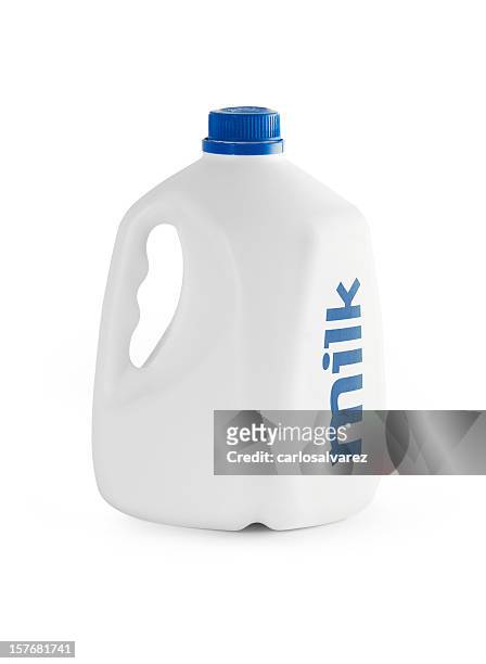 white milk carton with blue writing - jug stockfoto's en -beelden