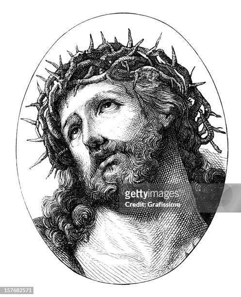 stockillustraties, clipart, cartoons en iconen met engraving jesus christ with crown of thorns from 1870 - jezus christus
