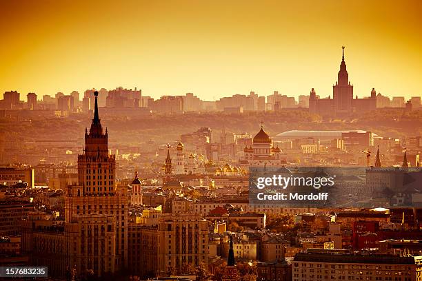 moscow cityscape at sunset. bird's eye view - moscow skyline stock pictures, royalty-free photos & images