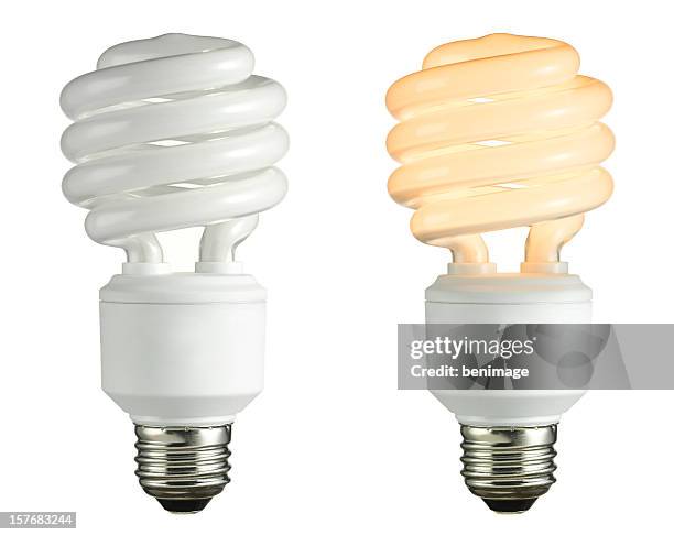 two light bulbs on a white backdrop, one white and one warm - energy efficient lightbulb stock pictures, royalty-free photos & images