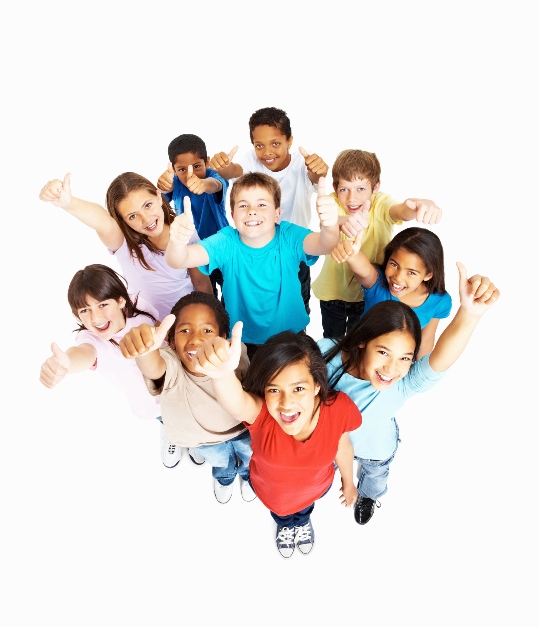 Top view of happy multi racial kids gesturing thumbs up Top view of happy multi racial kids gesturing thumbs up