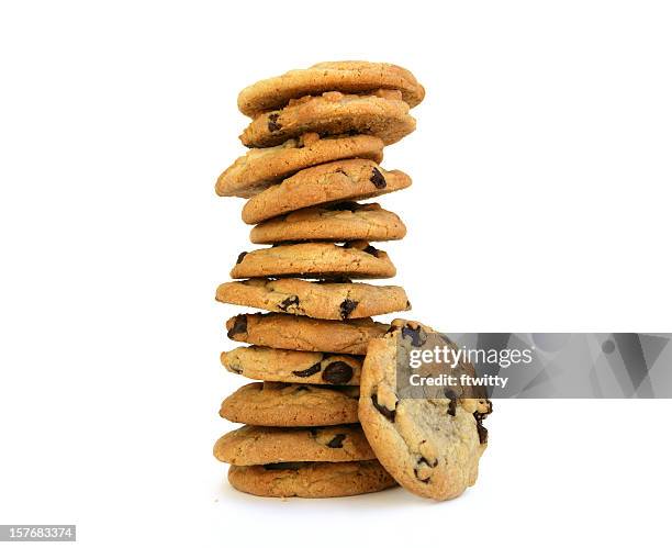 baker's dozen chocolate chip cookies isolated on white - chocolate chip cookie stock pictures, royalty-free photos & images