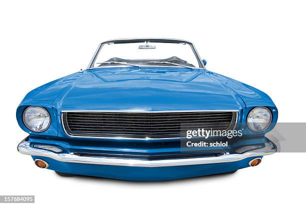 blue mustang convertible 1966 - stock photo car chrome bumper stock pictures, royalty-free photos & images