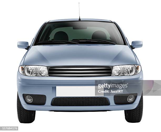 auto blu lato anteriore (isolata con percorso clip su sfondo bianco - punto di vista frontale foto e immagini stock