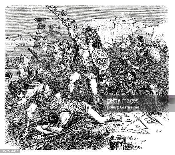aztec and spanish troups in a battle engraving 1870 - indian costume stock illustrations