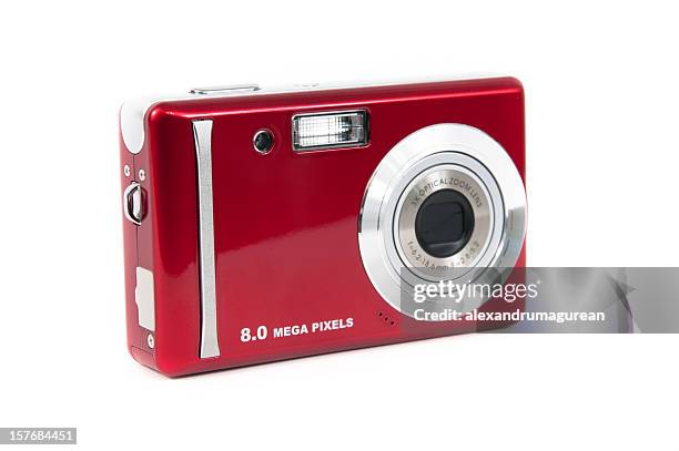 red compact digital camera isolated on white - digital camera stock pictures, royalty-free photos & images