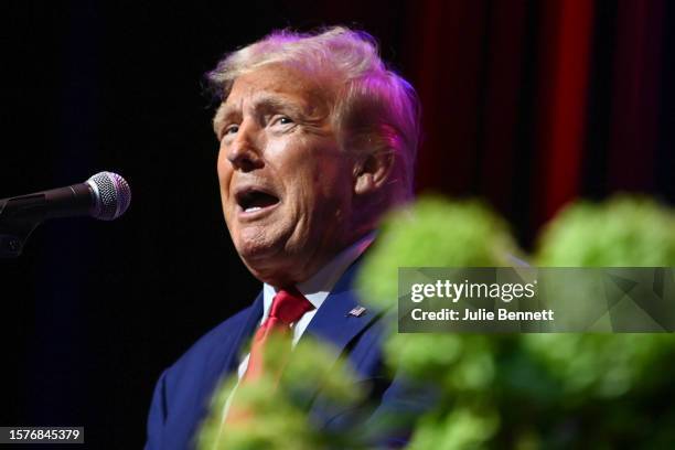 Former U.S. President Donald Trump speaks during the Alabama Republican Party’s 2023 Summer meeting at the Renaissance Montgomery Hotel on August 4,...