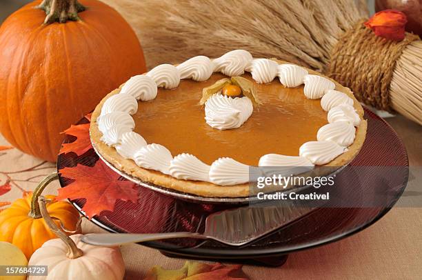 pumpkin pie with cream icing on a cake stand - pumpkin pie stock pictures, royalty-free photos & images