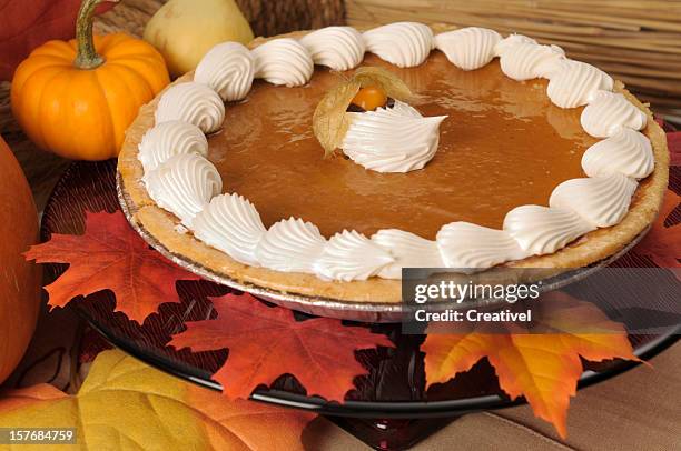 tarte au potiron avec crème glaçage sur un gâteau stand - tourte à la citrouille photos et images de collection