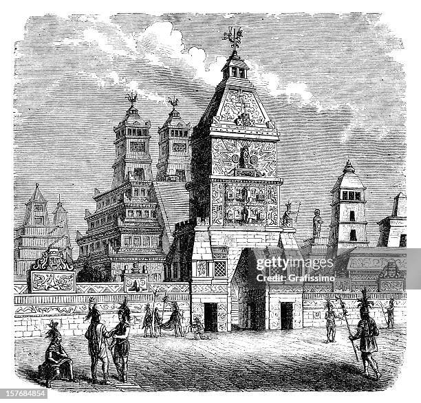 gravieren aztec stadt tenochtitlan eingang teocalli aus dem jahre 1870 - inca stock-grafiken, -clipart, -cartoons und -symbole