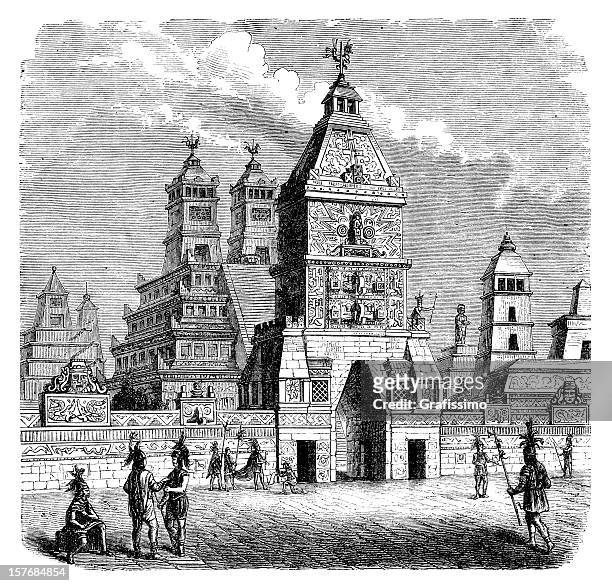engraving aztec city tenochtitlan entrance teocalli from 1870 - indian costume stock illustrations