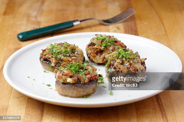 stuffed mushrooms and recipe - stuffing stock pictures, royalty-free photos & images