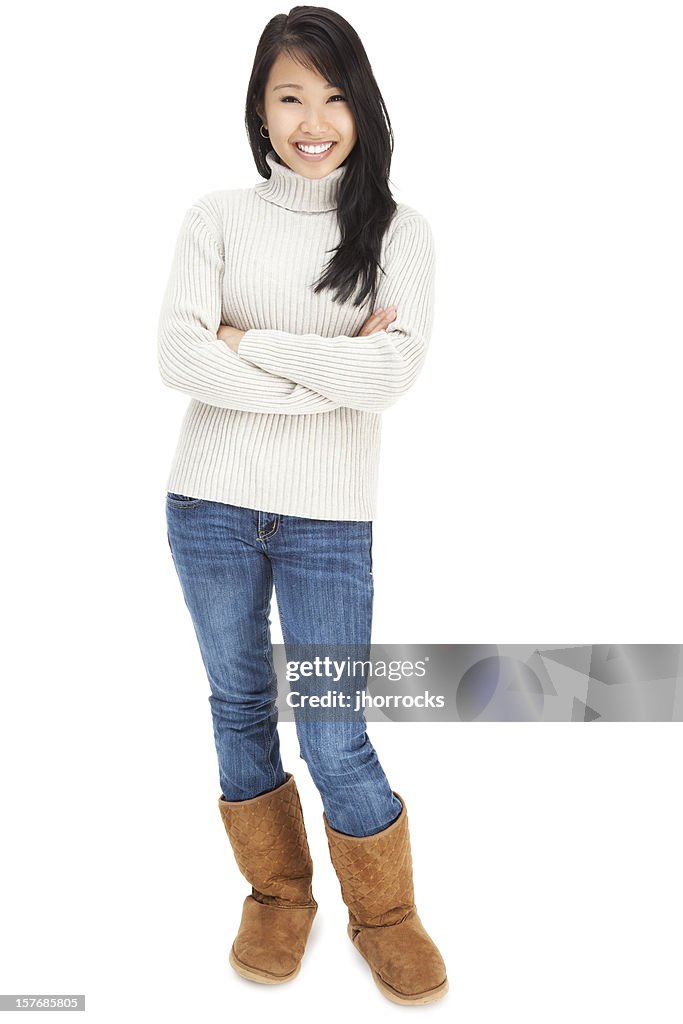 Attractive Young Woman in Gray Sweater and Jeans