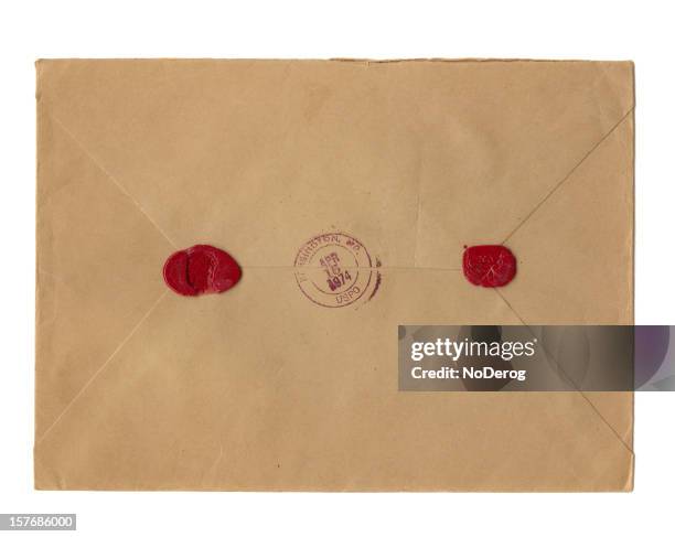 two wax seals and washington postmark on vintage brown envelope - vacuum stockfoto's en -beelden