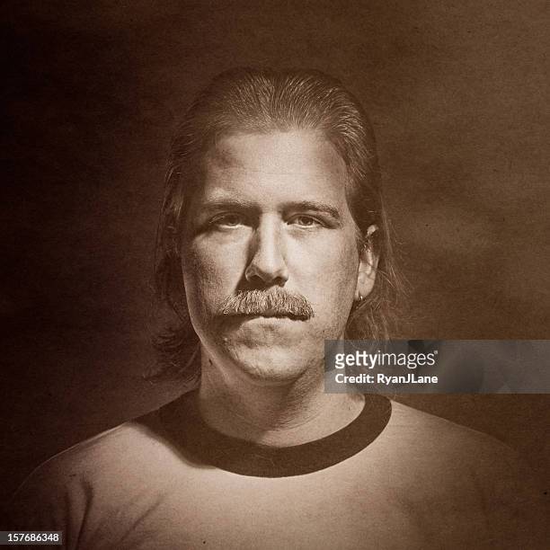 aged vintage mustache portrait - mullet haircut stock pictures, royalty-free photos & images