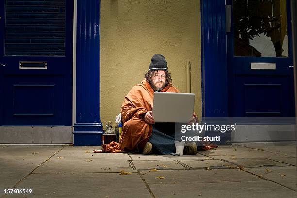 homeless man on a laptop - beggar stock pictures, royalty-free photos & images