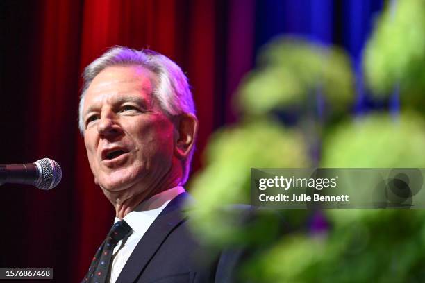 Sen. Tommy Tuberville introduces former U.S. President Donald Trump during the Alabama Republican Party’s 2023 Summer meeting at the Renaissance...